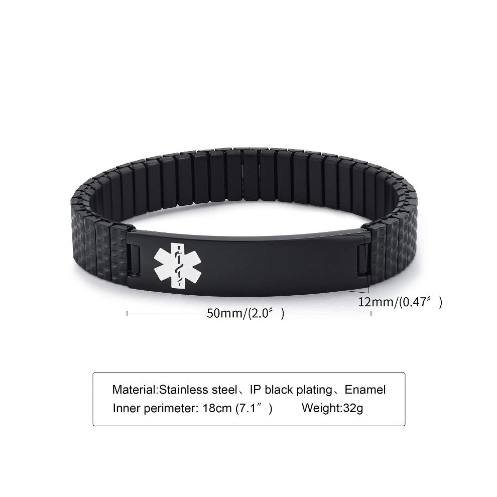 (Black, 18cm) Women Men Medical Alert ID Name Spring Stretch Bracelet Bangle Engraving New
