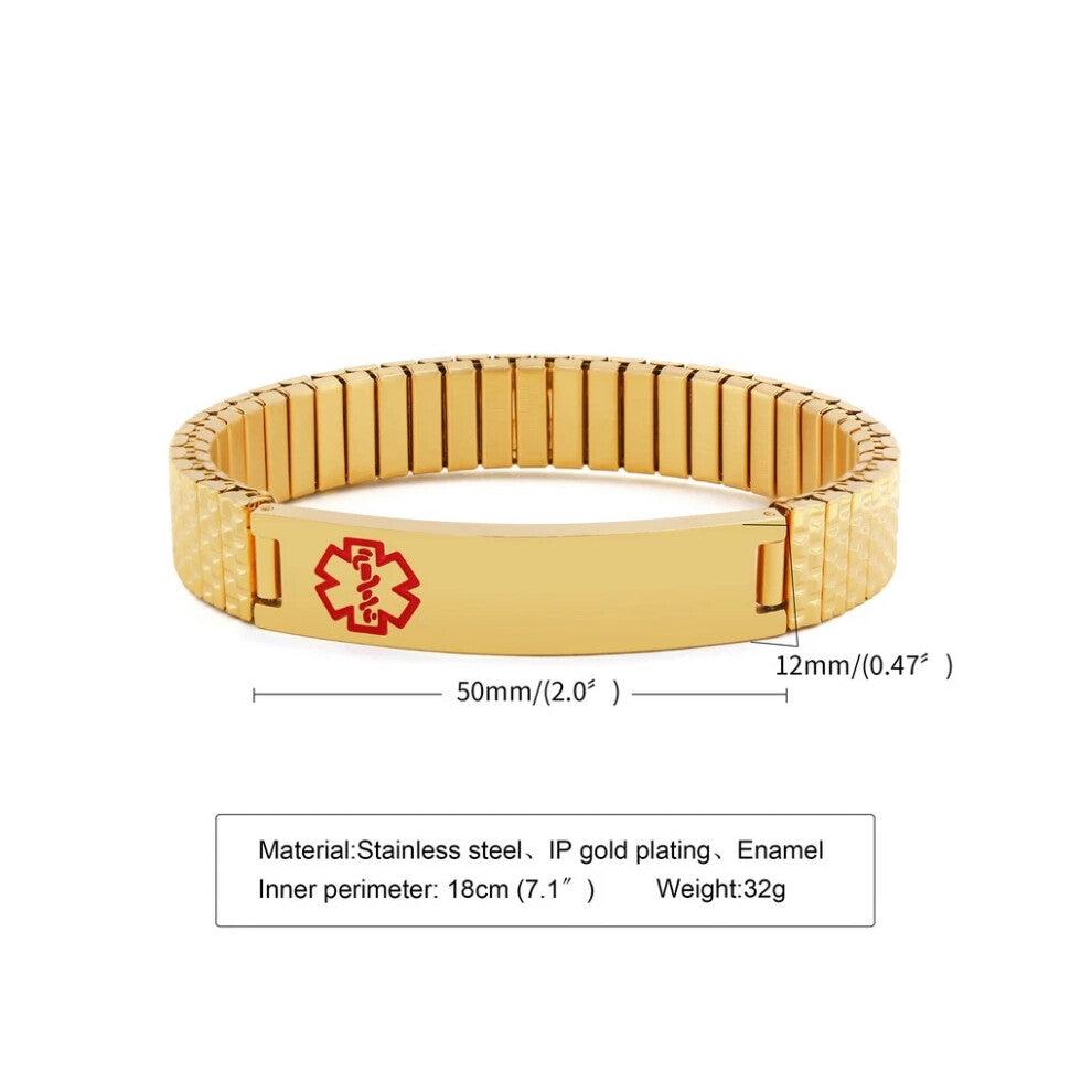 (Gold, 18cm) Women Men Medical Alert ID Name Spring Stretch Bracelet Bangle Engraving Hot