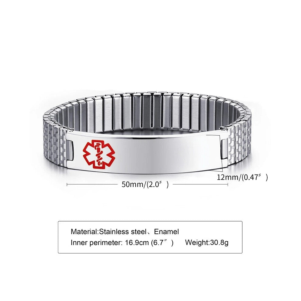(Silver, 19.5cm) Women Men Medical Alert ID Name Spring Stretch Bracelet Bangle Engraving Hot