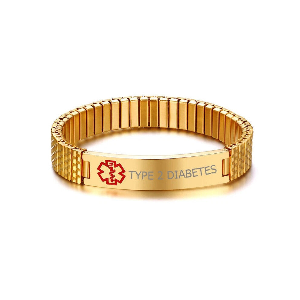 (TYPE 2 DIABETES) Spring Women Men Medical Alert ID Stretch Bracelet Gold Plate Engraving