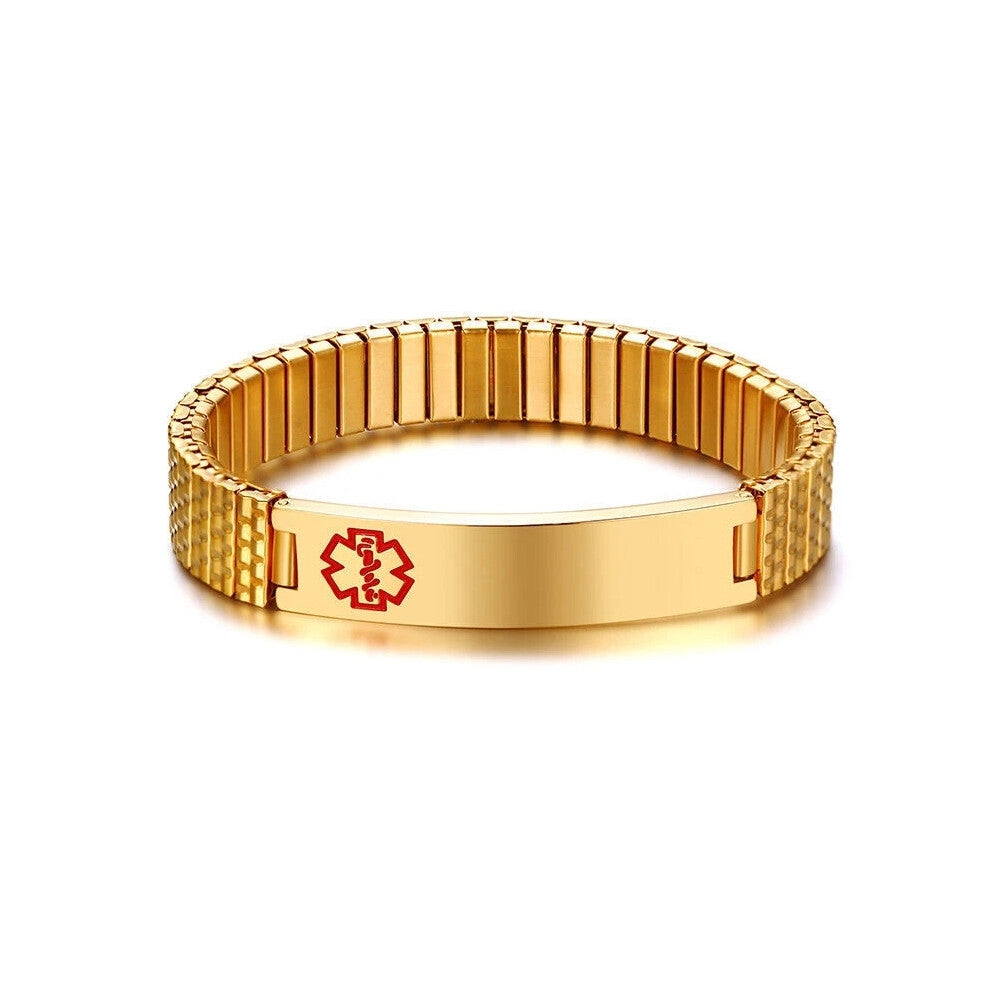 (Without Engraving) Spring Women Men Medical Alert ID Stretch Bracelet Gold Plate Engraving