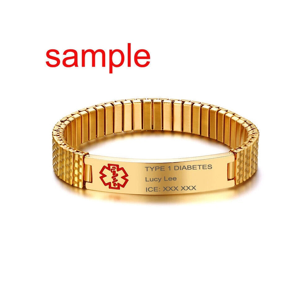 (Custom Engraving (msg us or leave us note)) Spring Women Men Medical Alert ID Stretch Bracelet Gold Plate Engraving New