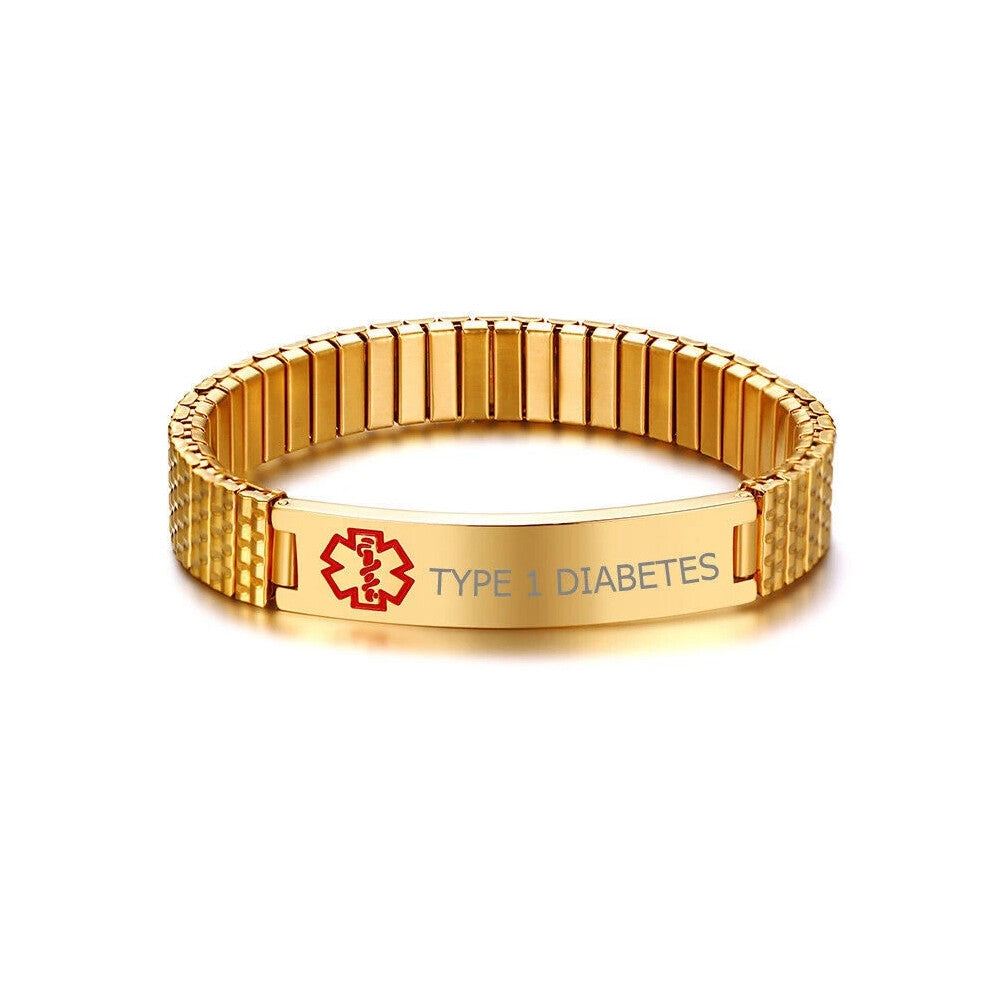 (TYPE 1 DIABETES) Spring Women Men Medical Alert ID Stretch Bracelet Gold Plate Engraving New