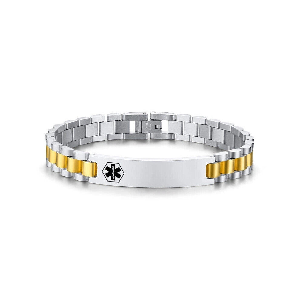 (Gold&Silver, EPILEPSY) Personalized Engraving Medical Alert ID Men's Byzantine Bracelet Chain Gift Hot