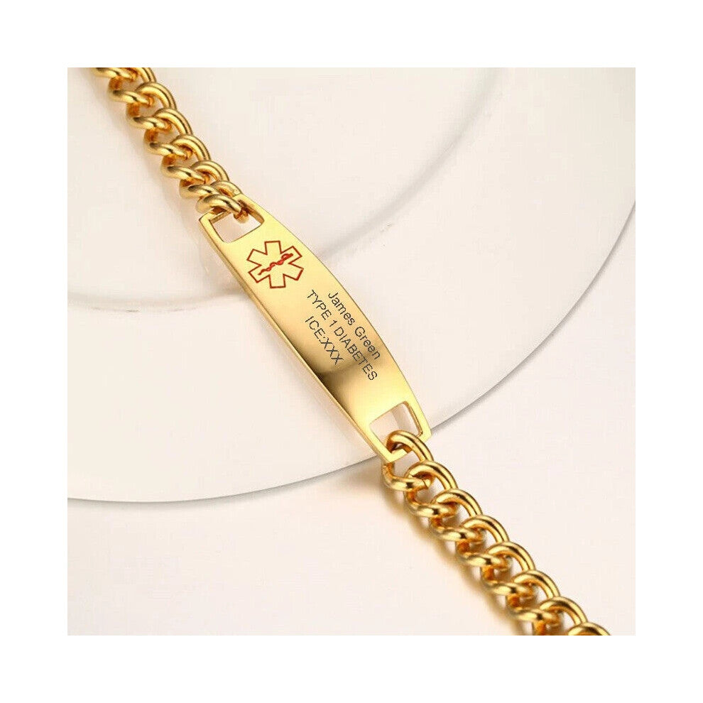(Gold, ASTHMA) Stainless Steel Medical Alert ID Bracelet Wristband Personalized Engraving Hot