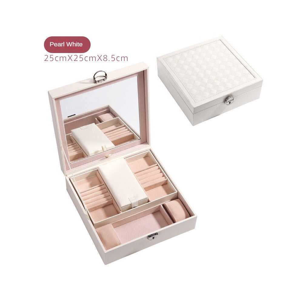 (White) Jewelry Storage Box Embroidery Lock Large Capacity Jewelry Box Multifunctional Gift Box Necklace Ring Earring Bracelet Storage Box