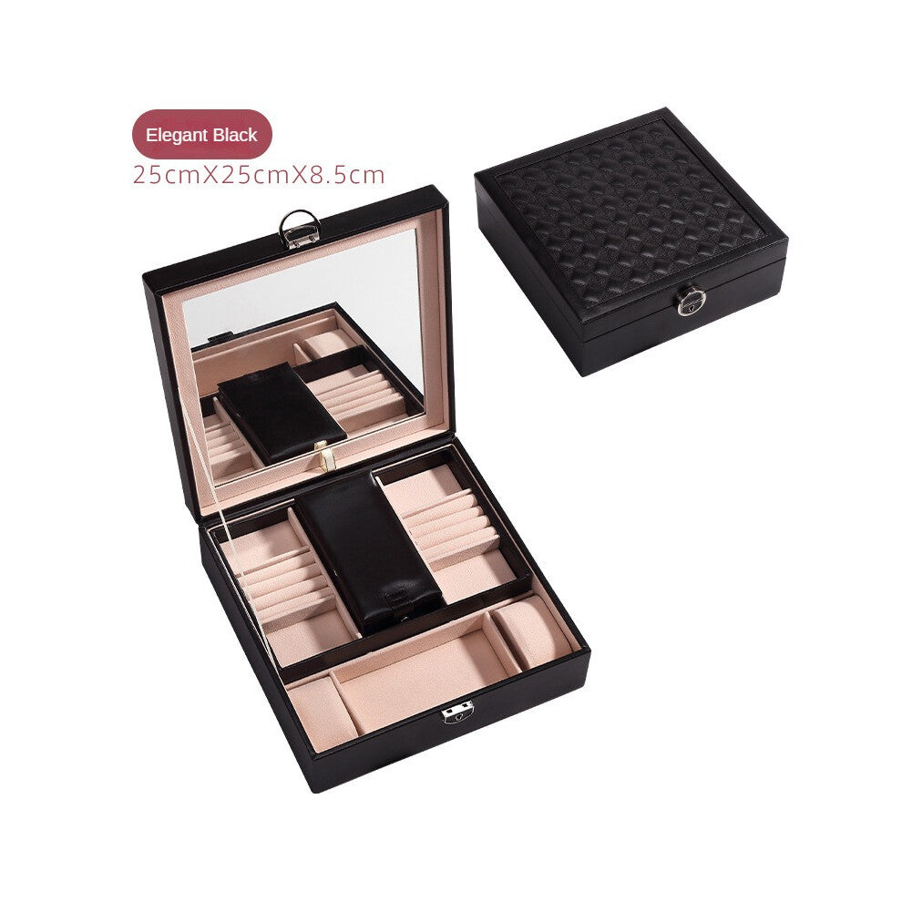 (black) Jewelry Storage Box Embroidery Lock Large Capacity Jewelry Box Multifunctional Gift Box Necklace Ring Earring Bracelet Storage Box