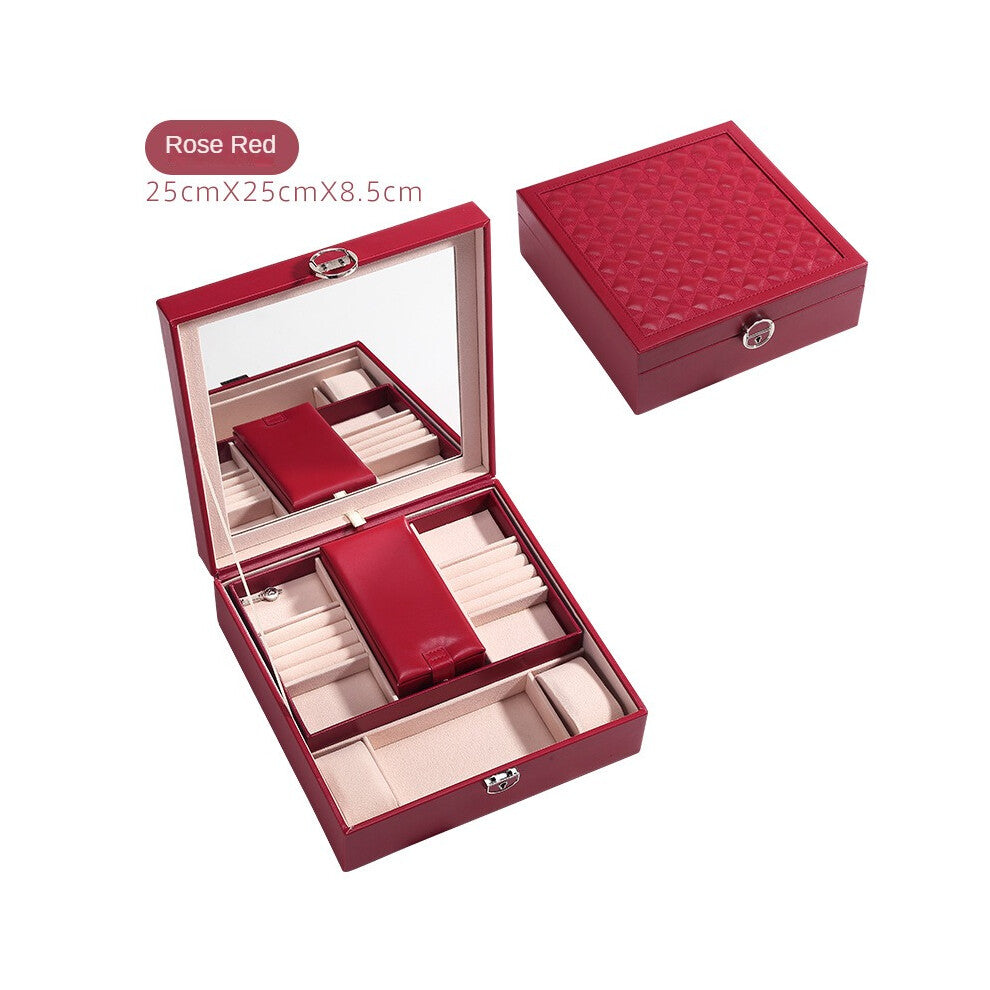 (Red) Jewelry Storage Box Embroidery Lock Large Capacity Jewelry Box Multifunctional Gift Box Necklace Ring Earring Bracelet Storage Box