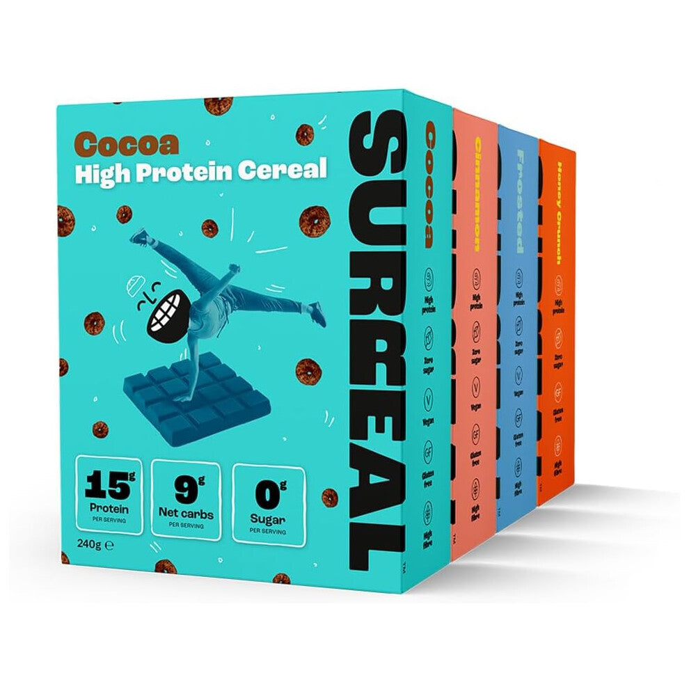 Surreal Flavour Pack High Fibre Low Carb Gluten Free Vegan High Protein Cereal, Healthy, Zero Sugar 240g x 4
