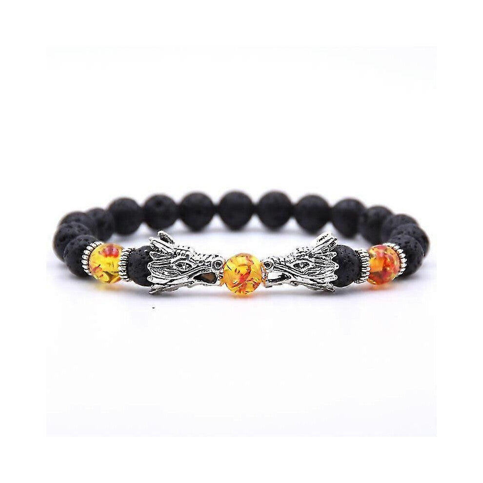 (As show, One size) 8mm Black Rock Lava Stone Men Bracelet Dragon Head