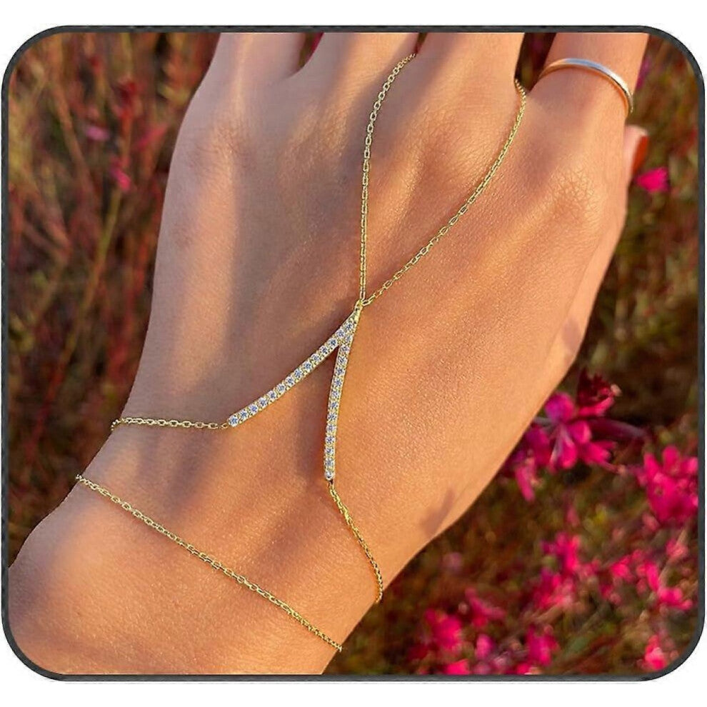 Sparkling Slave Bracelet for Women - Layered Crystal Hand Chain, Stackable Ring Bracelet for Prom