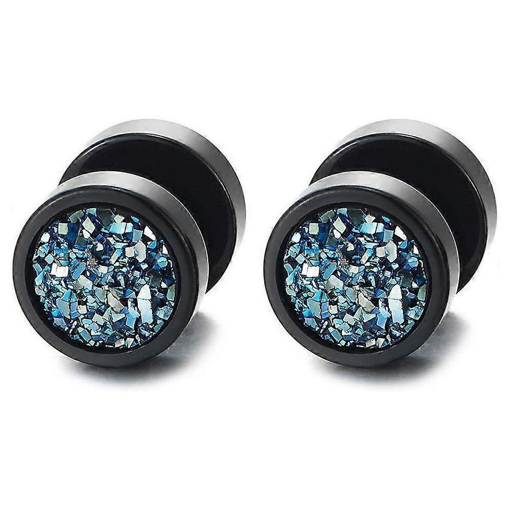 (As show, One size) 10mm Women Mens Black Circle Stud Earrings Black Glitter, Steel Cheater Fake Ear Plugs Gauges Tunnel