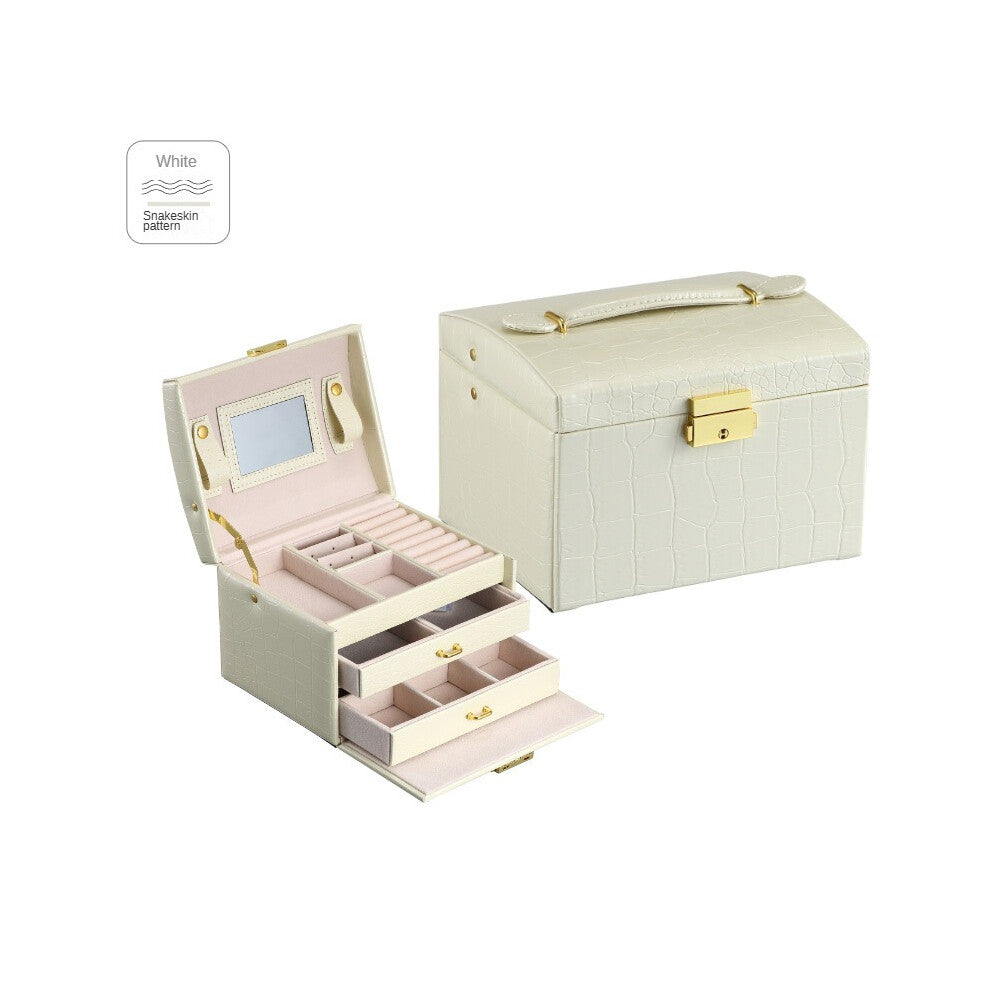 (Simple Style - Crocodile Pattern Beige, 17.5*14*13) Large capacity three-layer jewelry box household multi-layer jewelry storage box with lock dustpr
