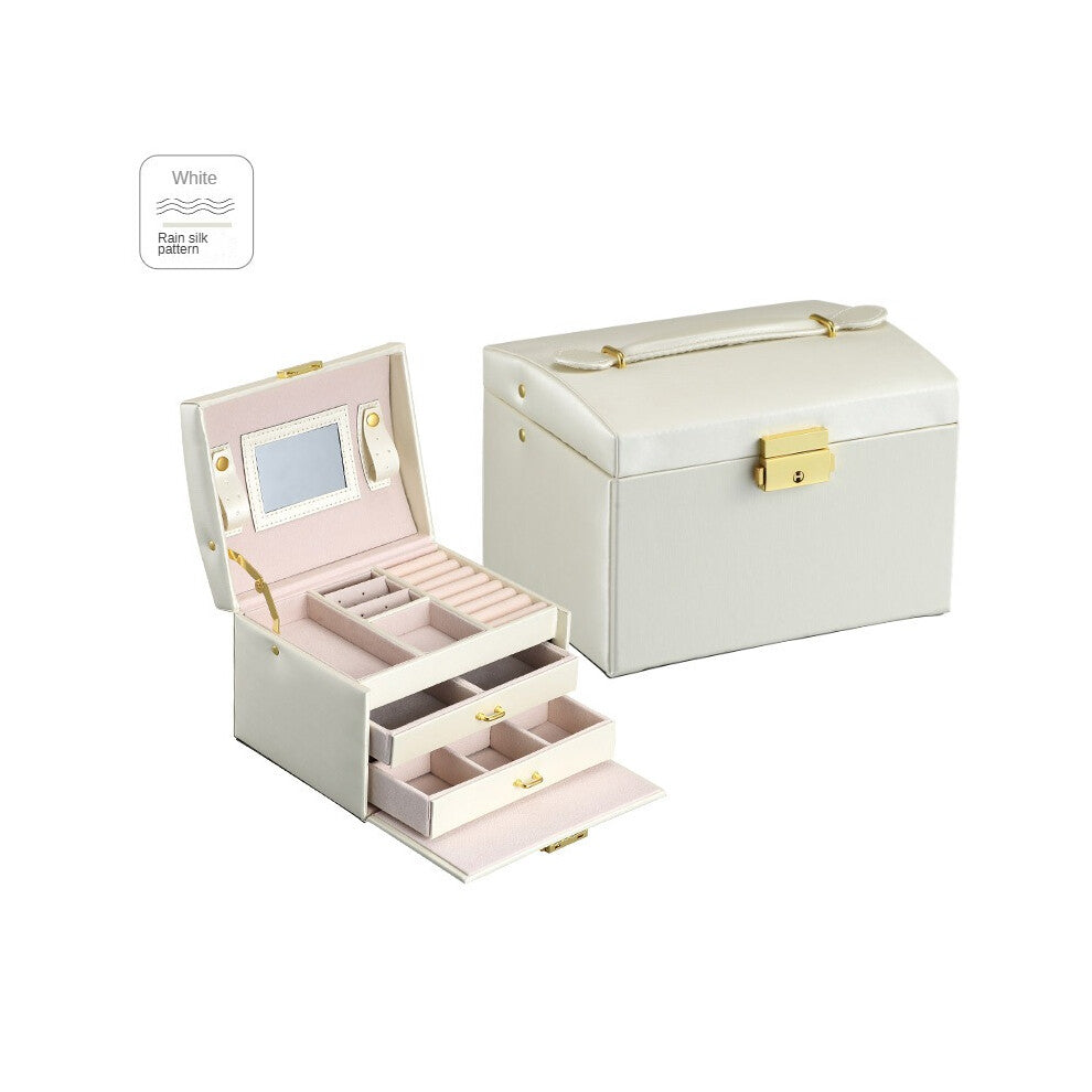 (Simple style-rain pattern white, 17.5*14*13) Large capacity three-layer jewelry box household multi-layer jewelry storage box with lock dustproof cla