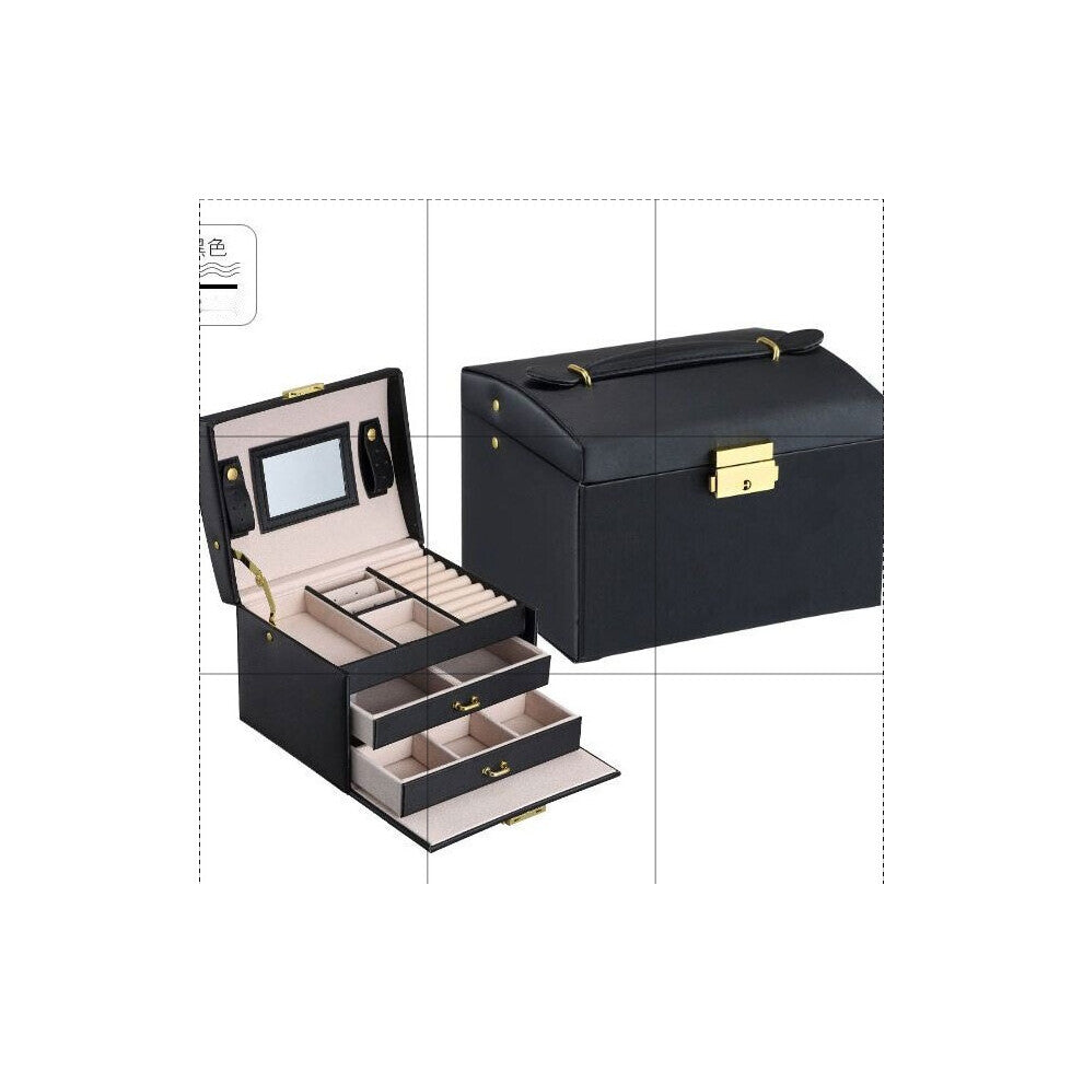 (Simple style-rain pattern black, 17.5*14*13) Large capacity three-layer jewelry box household multi-layer jewelry storage box with lock dustproof cla