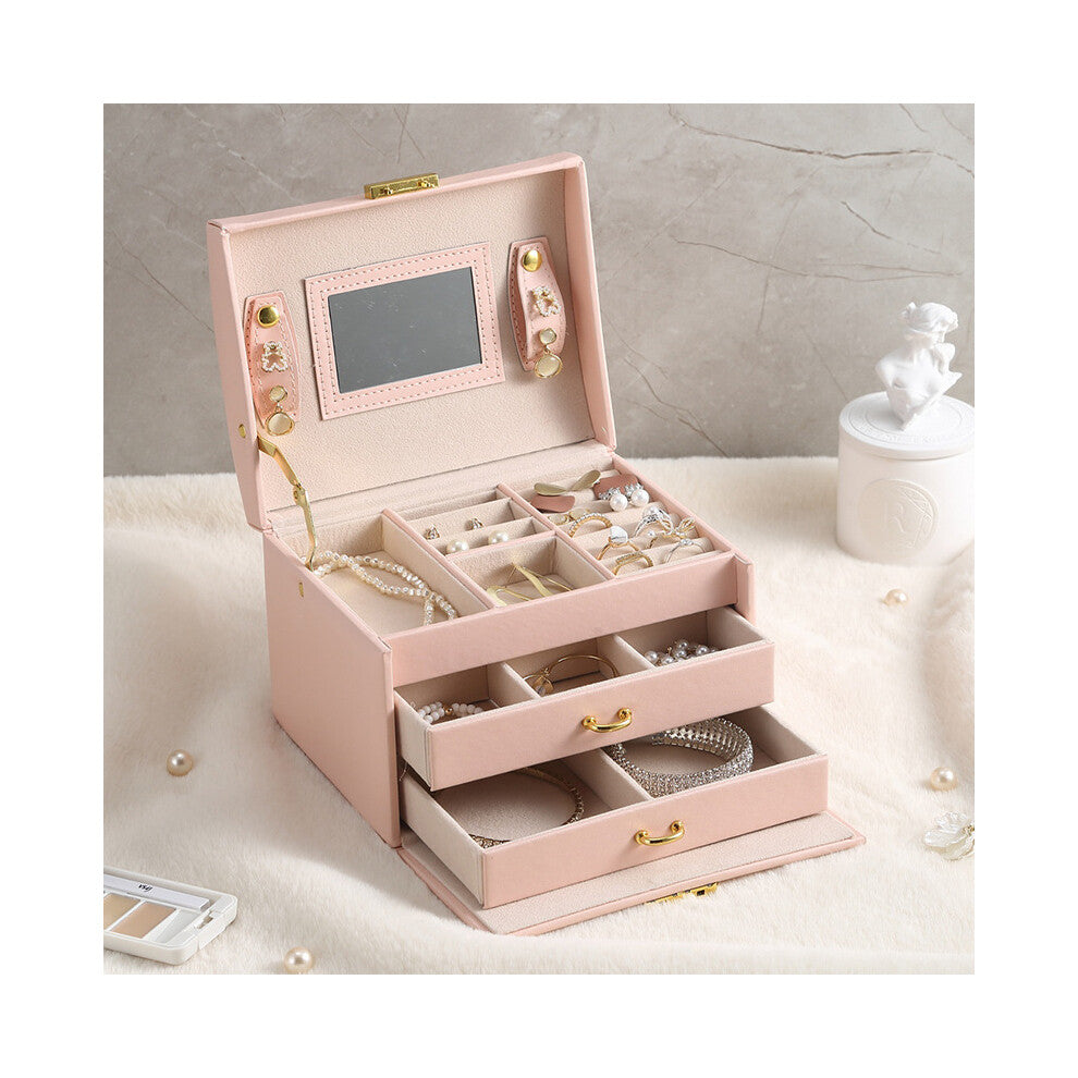 (Simple style - rain pattern orange, 17.5*14*13) Large capacity three-layer jewelry box household multi-layer jewelry storage box with lock dustproof