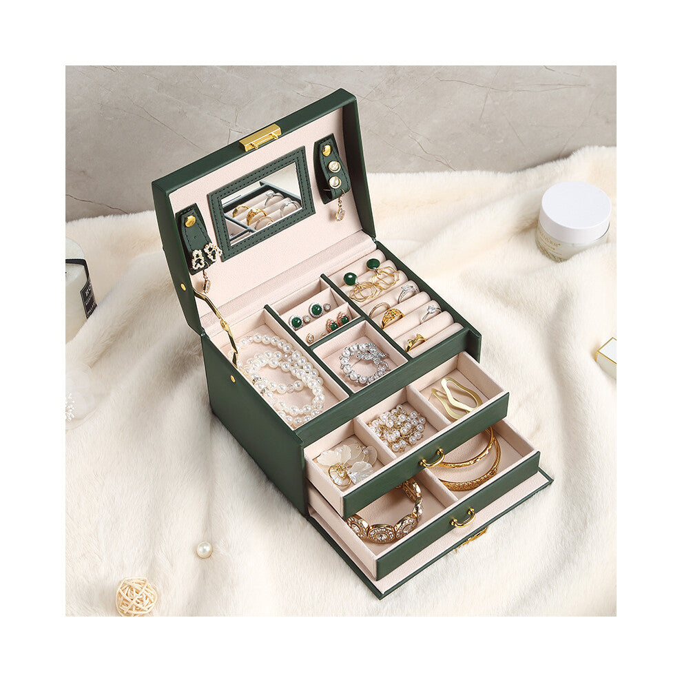 (Simple style - rain pattern dark green, 17.5*14*13) Large capacity three-layer jewelry box household multi-layer jewelry storage box with lock dustpr