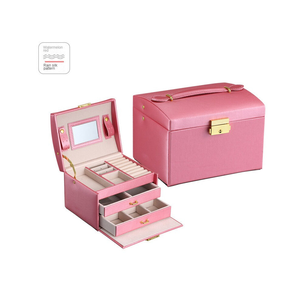 (Simple style - Rain pattern watermelon red, 17.5*14*13) Large capacity three-layer jewelry box household multi-layer jewelry storage box with lock du