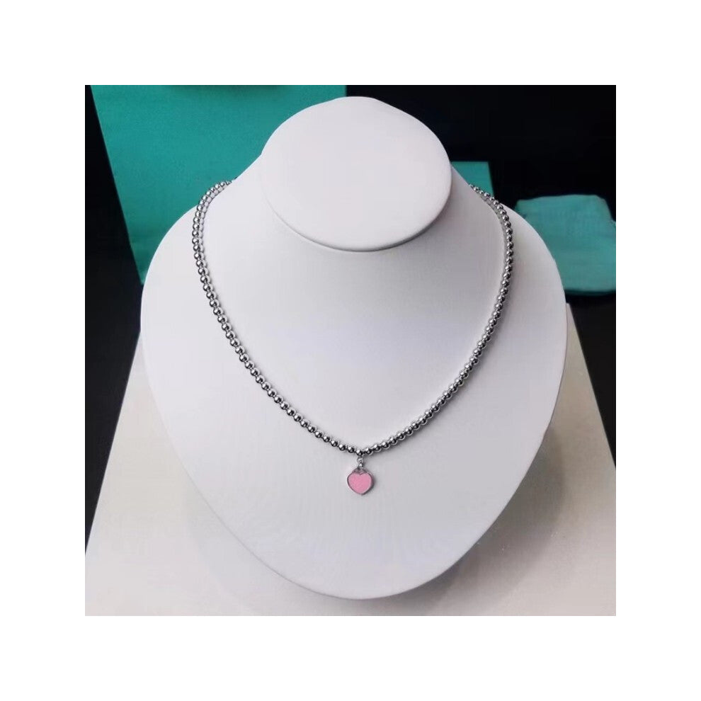 (Pink bead necklace (with chain 45CM)) T Family Love Necklace for Women, 925 sterling silver, red heart, oil drip enamel, blue collarbone chain, doubl