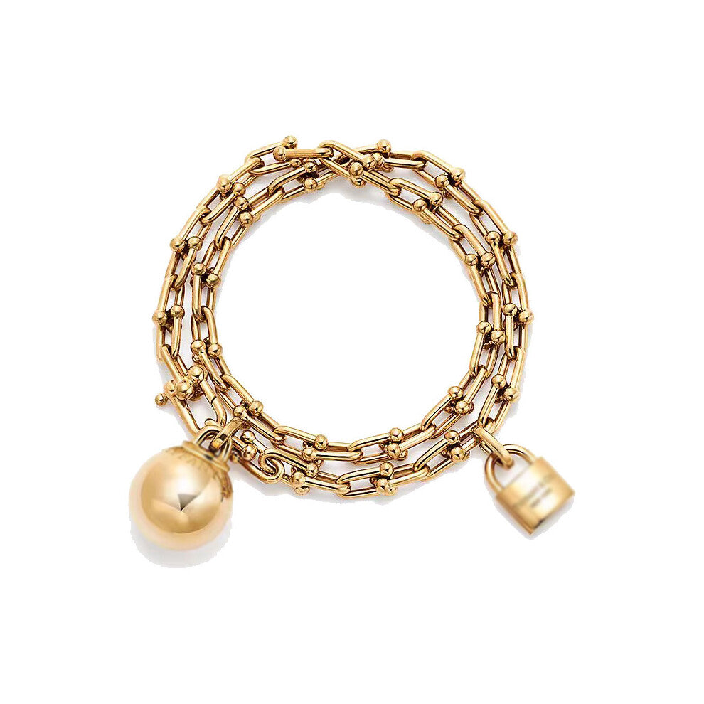 (Golden double-layer lock with a ball bracelet, 19cm) The classic T family horseshoe bracelet, with a fashionable design and diamond-encrusted, is a l