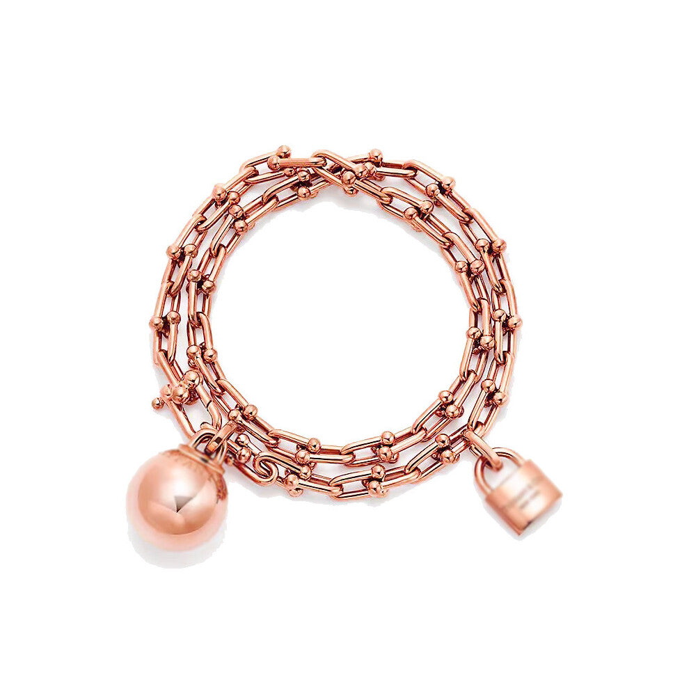 (Rose gold double-layer lock with a ball bracelet, 21cm) The classic T family horseshoe bracelet, with a fashionable design and diamond-encrusted, is