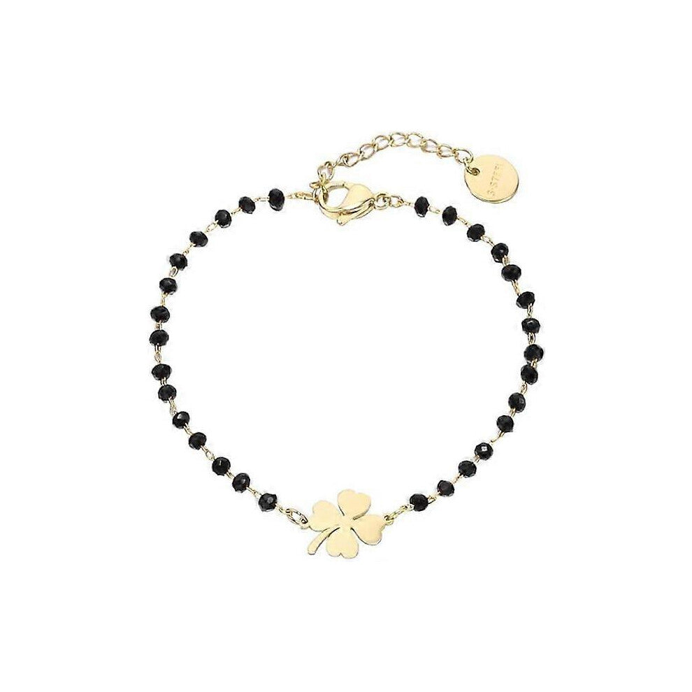 (As show, One size) 1 Pcs Stainless Steel Lucky Clover Charm Bracelet with Black Beads and Simple Lucky Charm Bracelet (Gold)