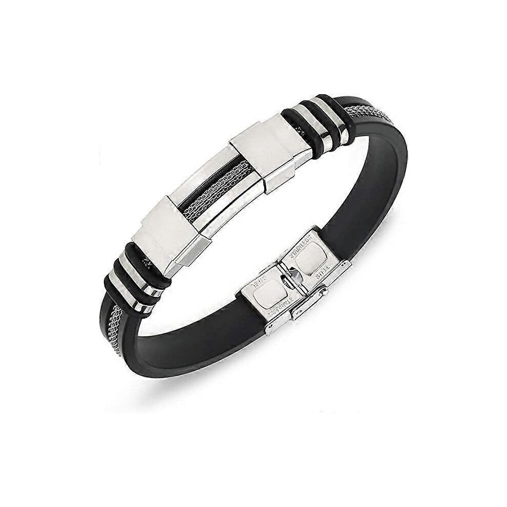 (As show, One size) Fashion Punk Titanium Steel Men&#39;s Adjustable Bracelet (Black) Silicone Wrapped Bracelet Stainless Steel Cuff Bracelet