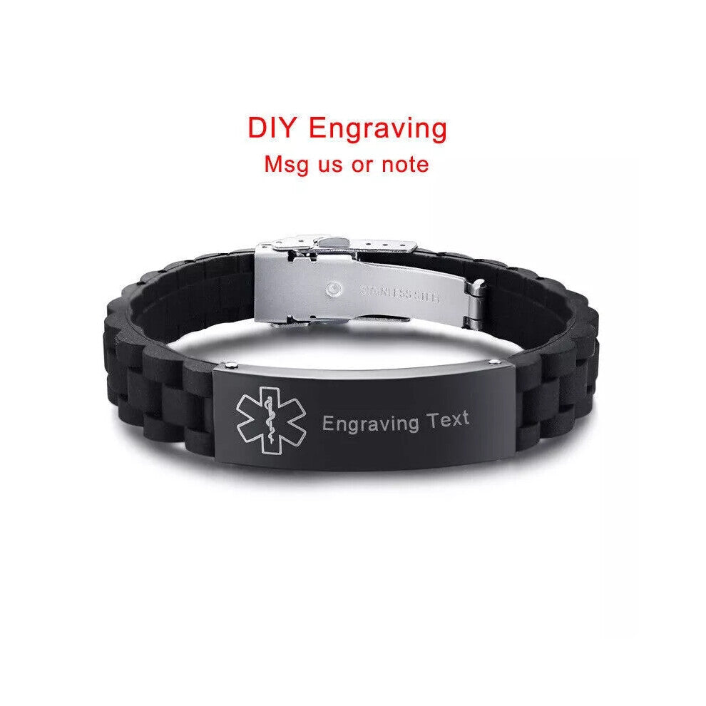 (Black, DNR(DO NOT RESUSCITATE)) Silicone Wristband Medical Alert ID Men Women Kids Bracelet Personalized