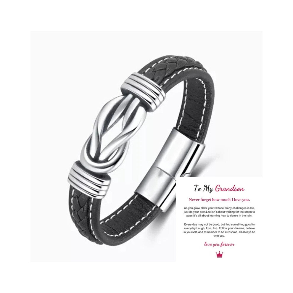 (Blank + To My Grandson Card) 2025 Mother And Son Forever Linked Together Braided PU Leather Bracelet TOP XMAS