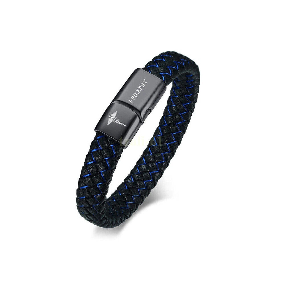 (EPILEPSY, 9 inch) Custom Engraving Medical Alert ID Leather Bracelet Men Braided Stainless Steel