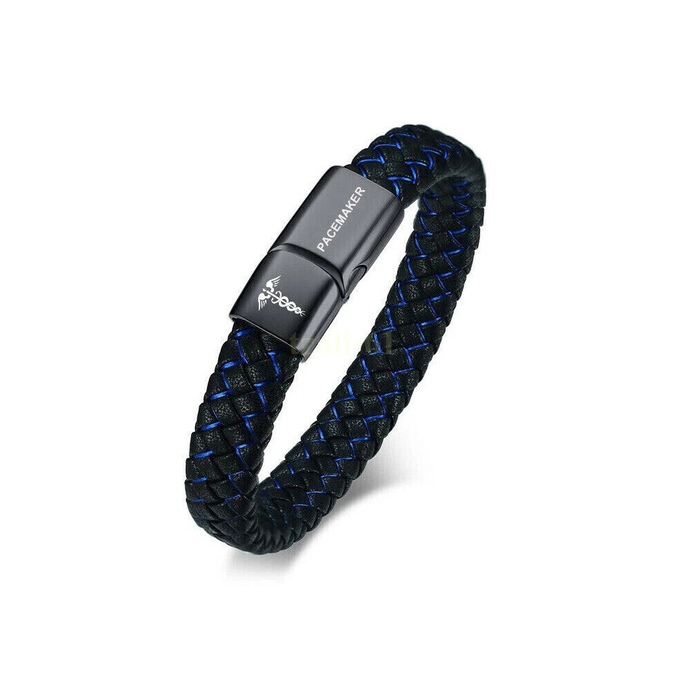 (PACEMAKER, 8 inch) Custom Engraving Medical Alert ID Leather Bracelet Men Braided Stainless Steel New