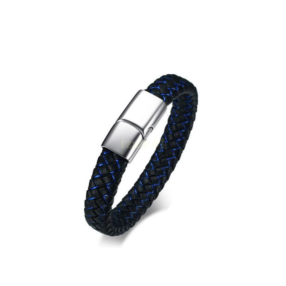 (Silver-Custom(msg us), 8 inch) Custom Engraving Medical Alert ID Leather Bracelet Men Braided Stainless Steel New