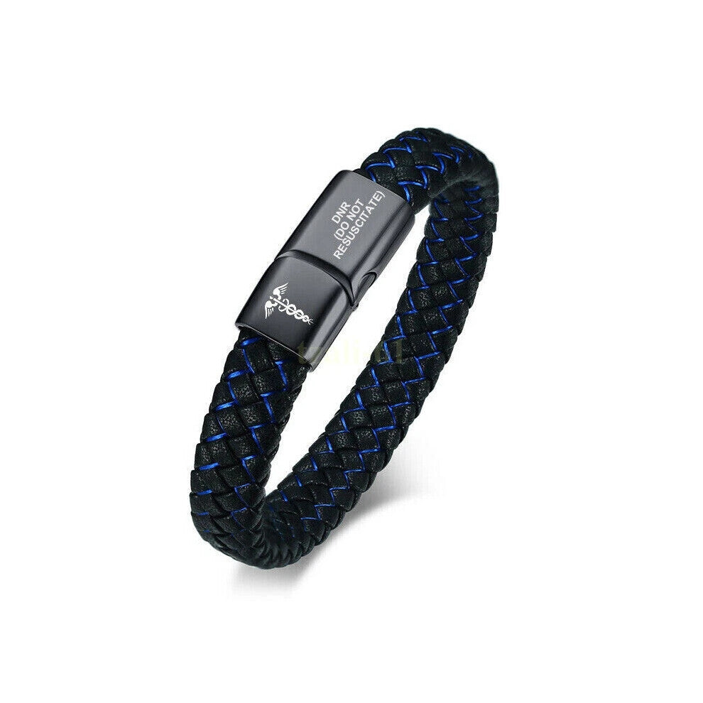 (DNR(DO NOT RESUSCITATE), 8 inch) Custom Engraving Medical Alert ID Leather Bracelet Men Braided Stainless Steel Hot