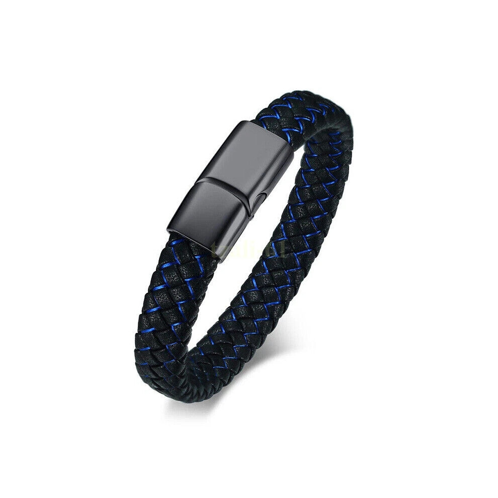 (No Engraving, 8 inch) Custom Engraving Medical Alert ID Leather Bracelet Men Braided Stainless Steel Hot