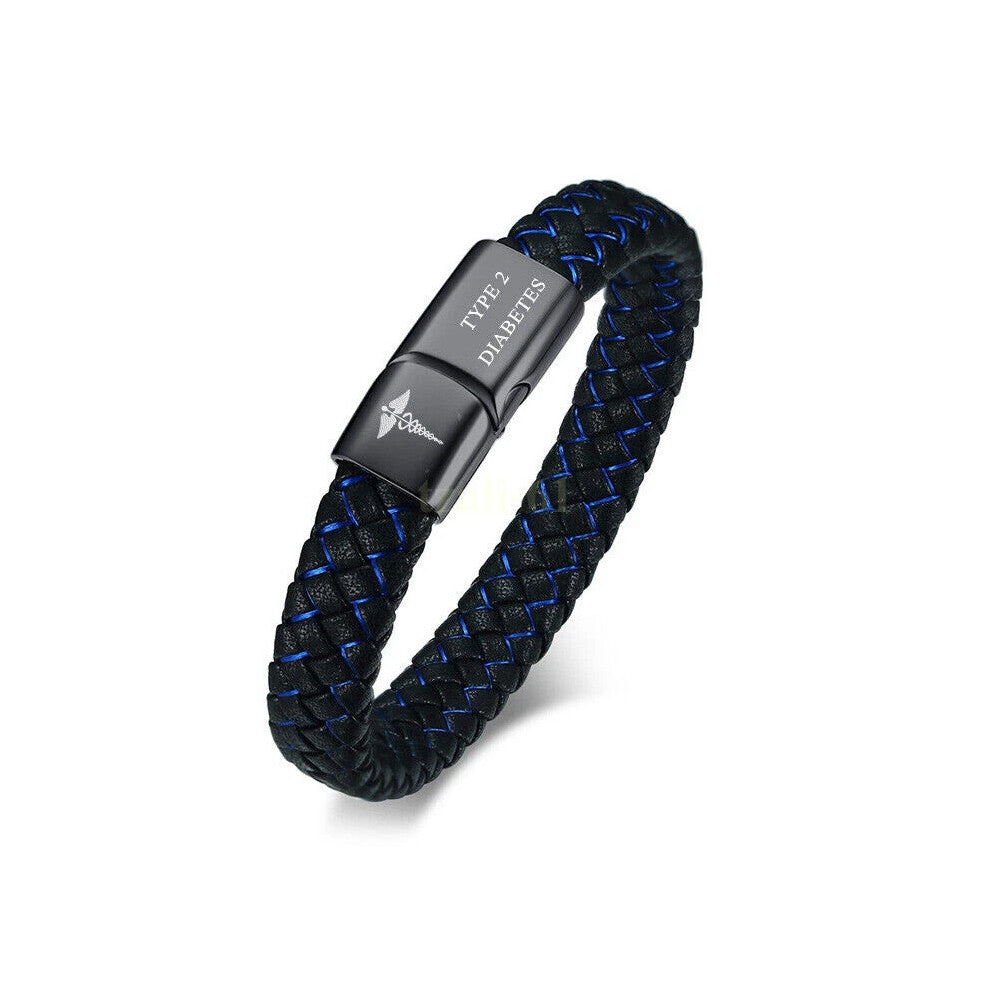 (TYPE 2 DIABETES, 9 inch) Custom Engraving Medical Alert ID Leather Bracelet Men Braided Stainless Steel Hot