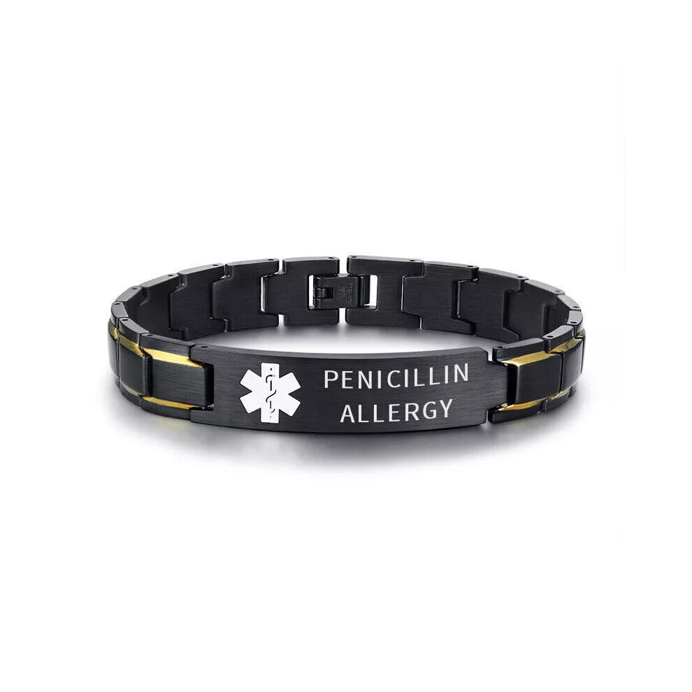 (Black&Blue, PENICILLIN ALLERGY) Men Medical Alert ID Bracelet Stainless Steel Emergency Chain Free Laser Engrave