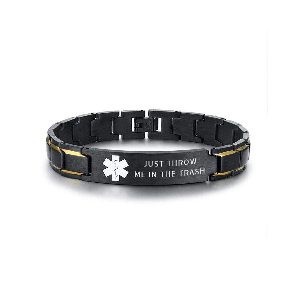 (Black&Rose, JUST THROW ME IN THE TRASH) Men Medical Alert ID Bracelet Stainless Steel Emergency Chain Free Laser Engrave