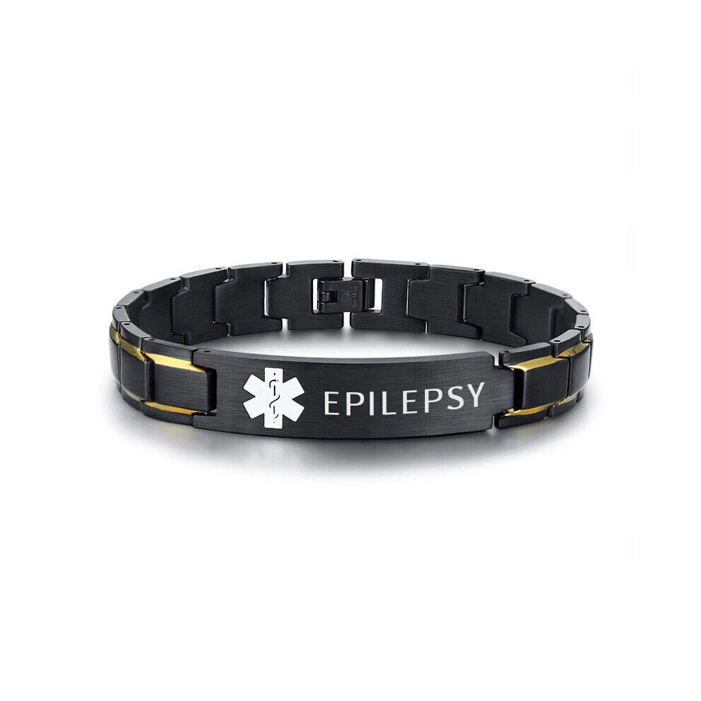 (Black&Rose, EPILEPSY) Men Medical Alert ID Bracelet Stainless Steel Emergency Chain Free Laser Engrave New