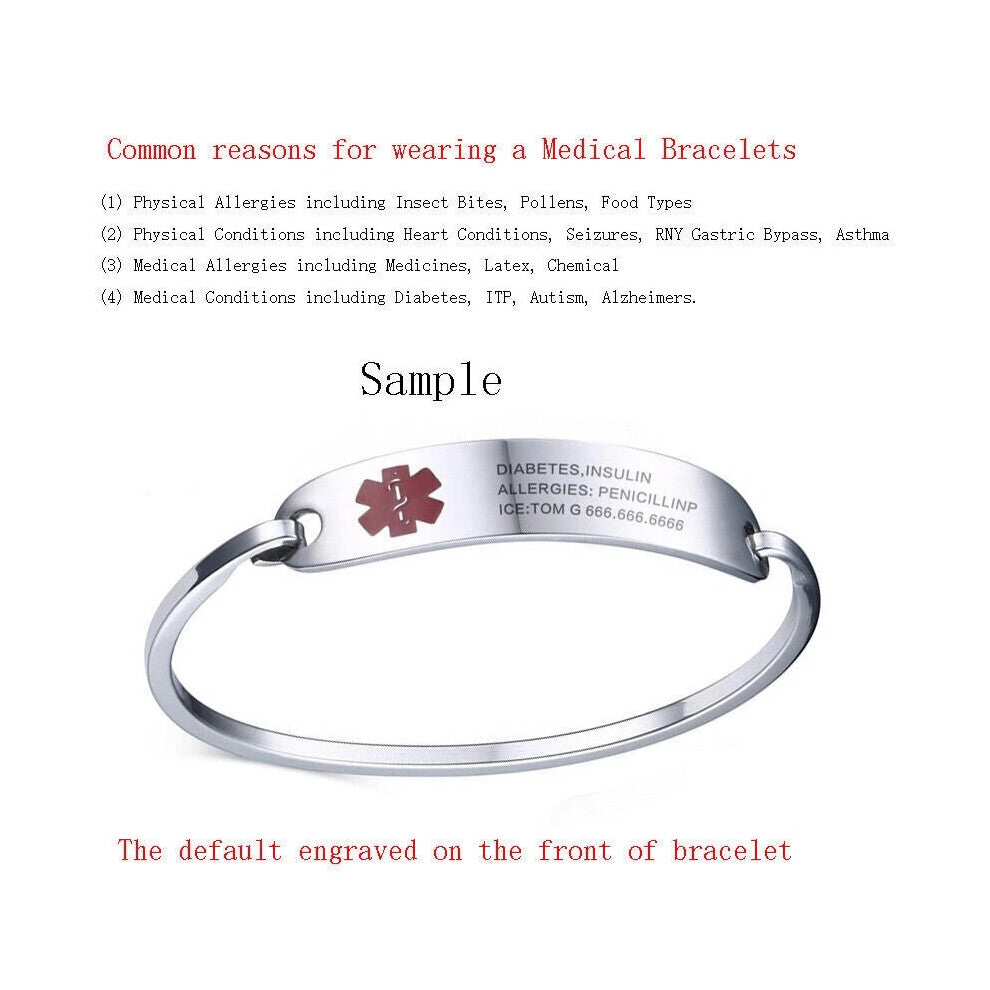 (WARFARIN) Silver Adult Women Stainless Steel Medical Alert ID Bracelet Bangle Engraving