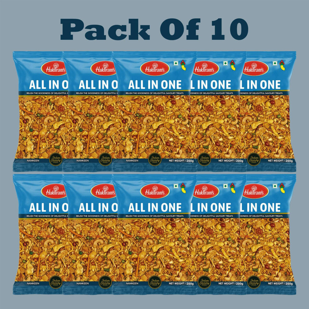 Haldiram's All In One Namkeen – 200g (Pack of 10) | Spicy Mixed Indian Snack | Net Weight 2kg
