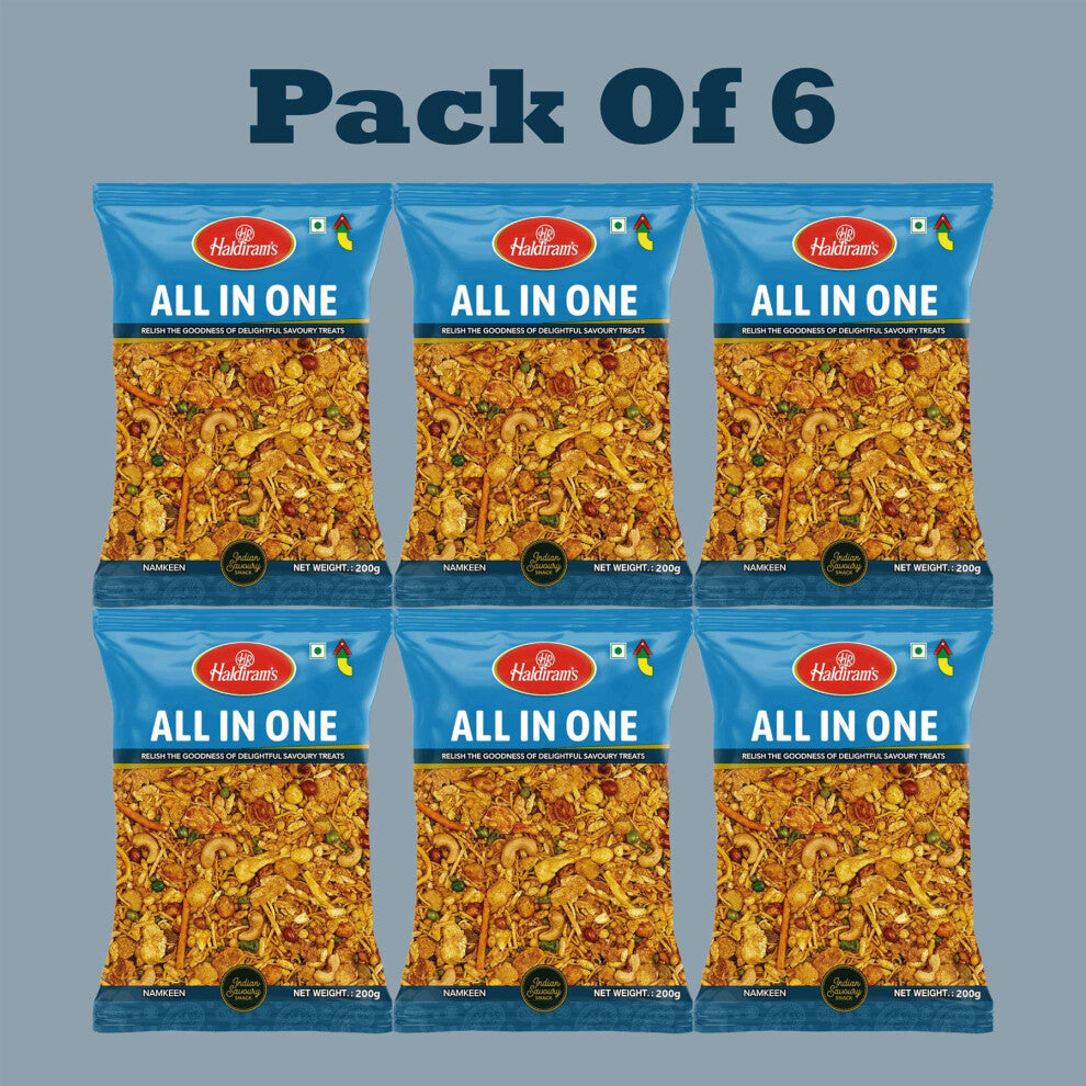 Haldiram's All In One Namkeen – 200g (Pack of 6) | Spicy Mixed Indian Snack | Net Weight 1.2kg