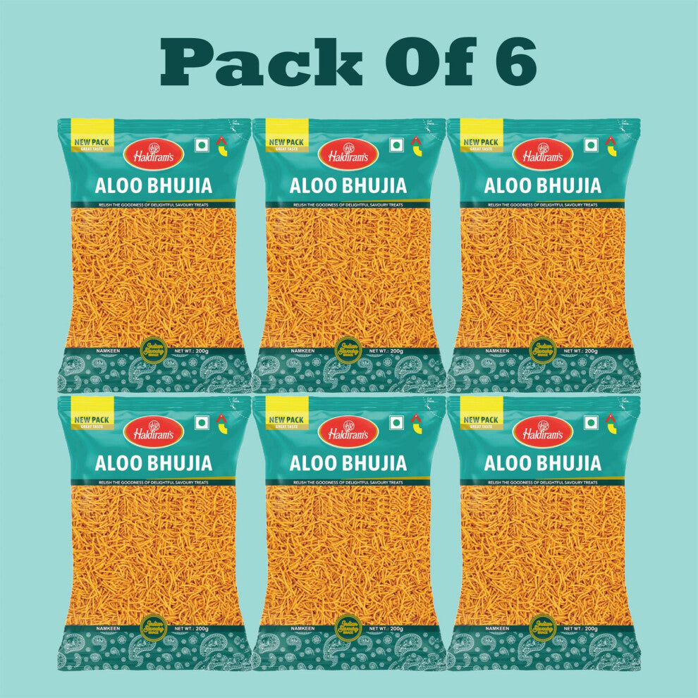 Haldiram's Aloo Bhujia – 200g (Pack of 6) | Spicy Potato Sev Snack | Authentic Indian Namkeen | Net Weight 1.2kg