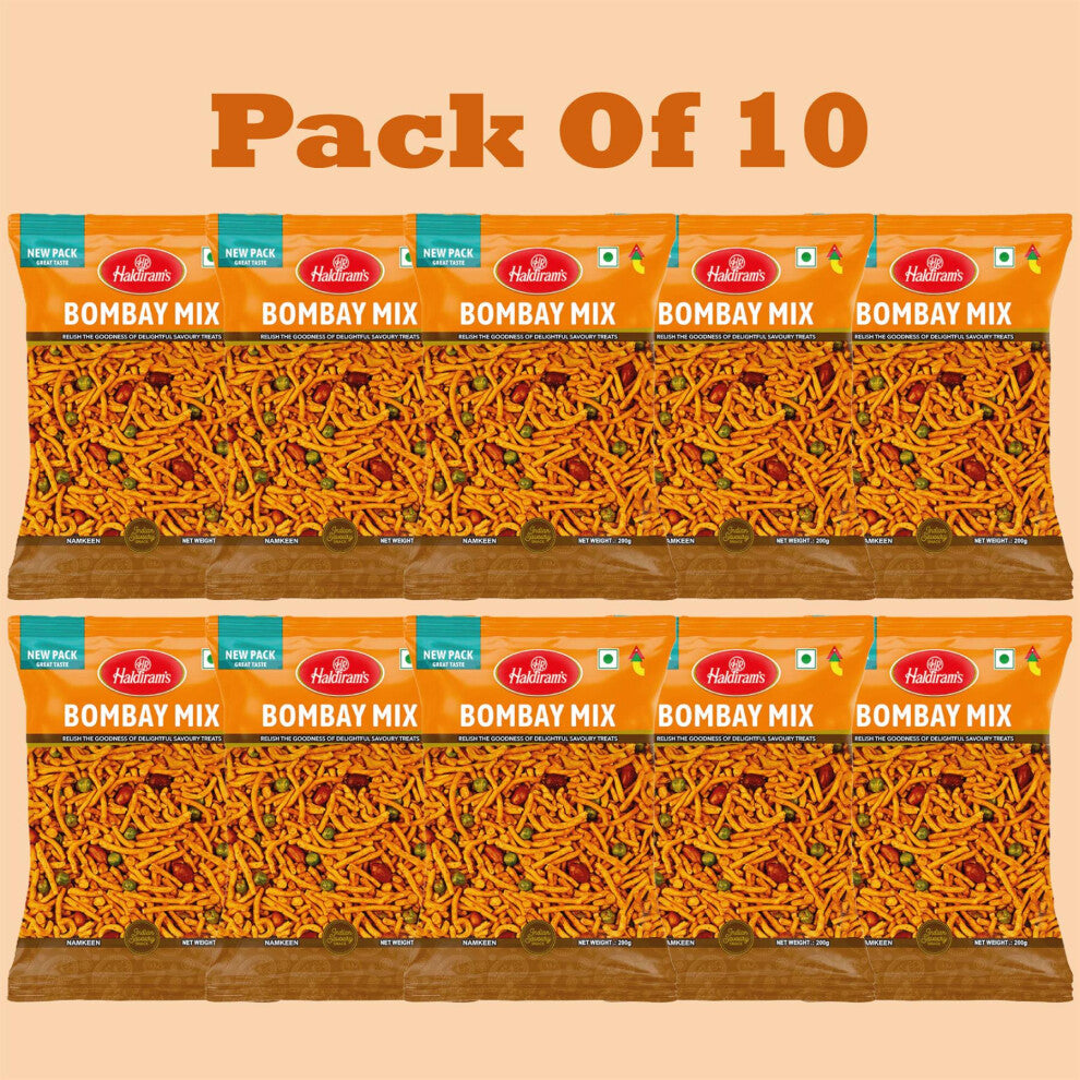 Haldiram's Bombay Mix – 200g (Pack of 10) | Traditional Indian Snack Mix | Crunchy & Spicy Namkeen | Net Weight 2kg