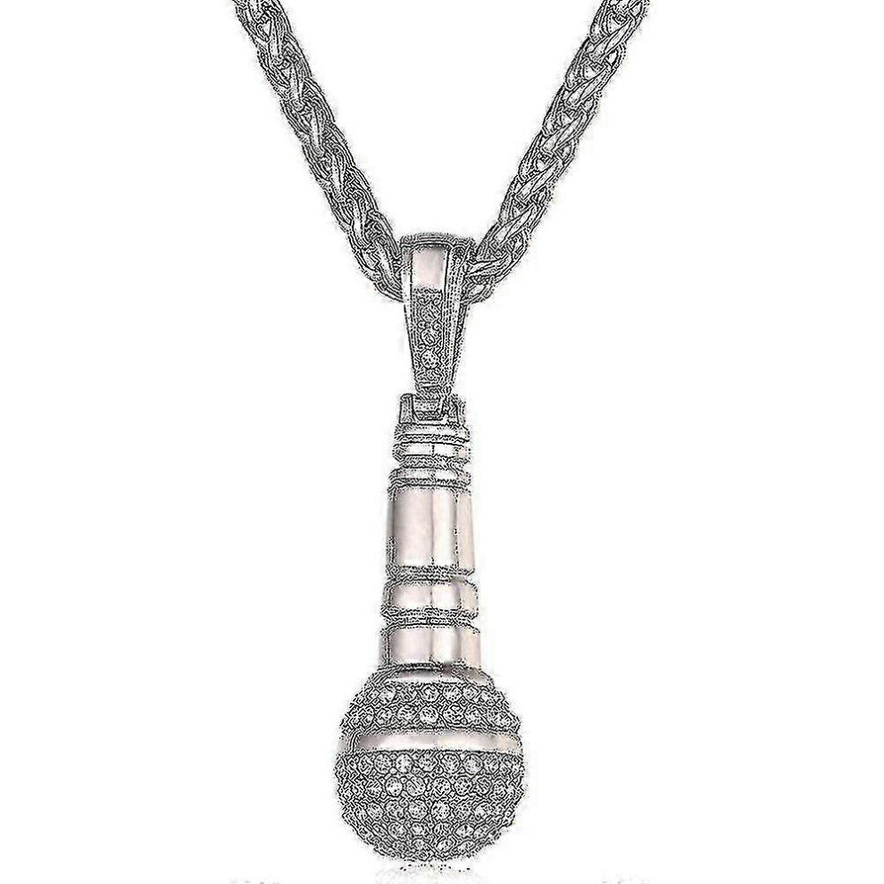 (silver) Ice Out Microphone Pendant,stainless Steel Full Crystal-rhinestone Hip Hop Musical