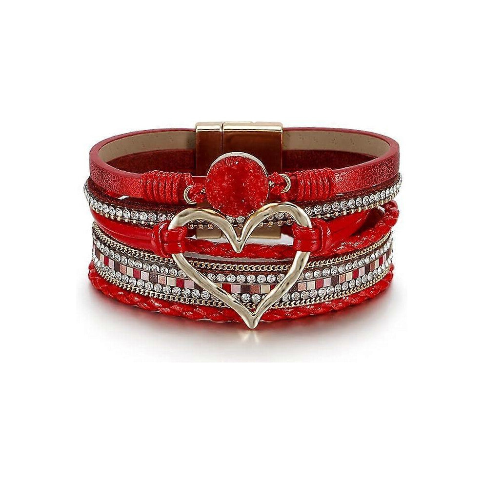 (As show, One size) Leopard Bracelet for Women, Boho Leather Wrap Multi-Layer Pearl Crystal Bracelet Bangle Jewelry