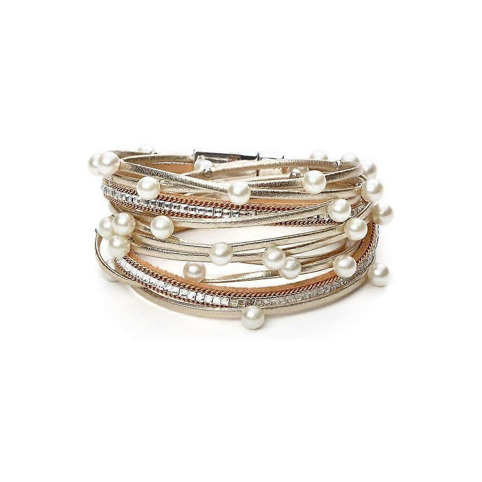 (As show, One size) Leopard Bracelet for Women, Boho Leather Wrap Multi-Layer Pearl Crystal Bracelet Bangle Jewelry