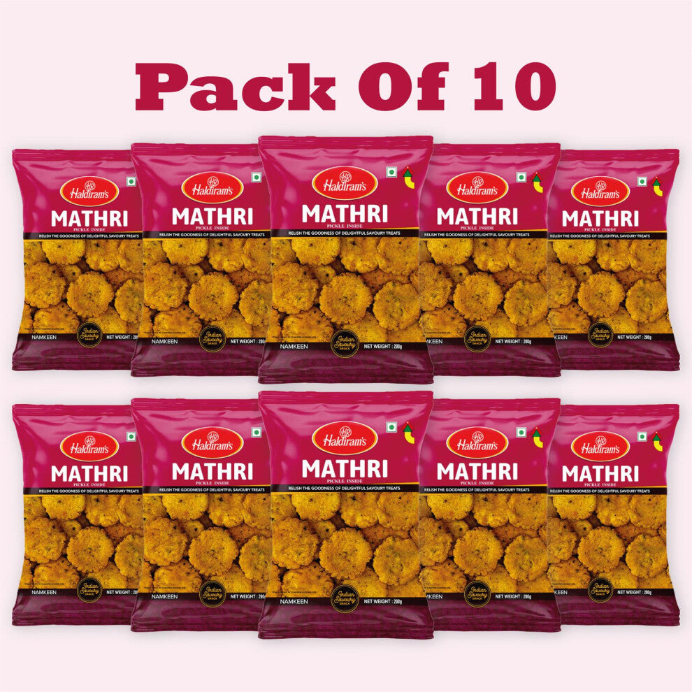 Haldiram's Mathri – 200g (Pack of 10) | Traditional Indian Savoury Snack | Flaky & Crisp Namkeen Biscuits | Net Weight 2kg