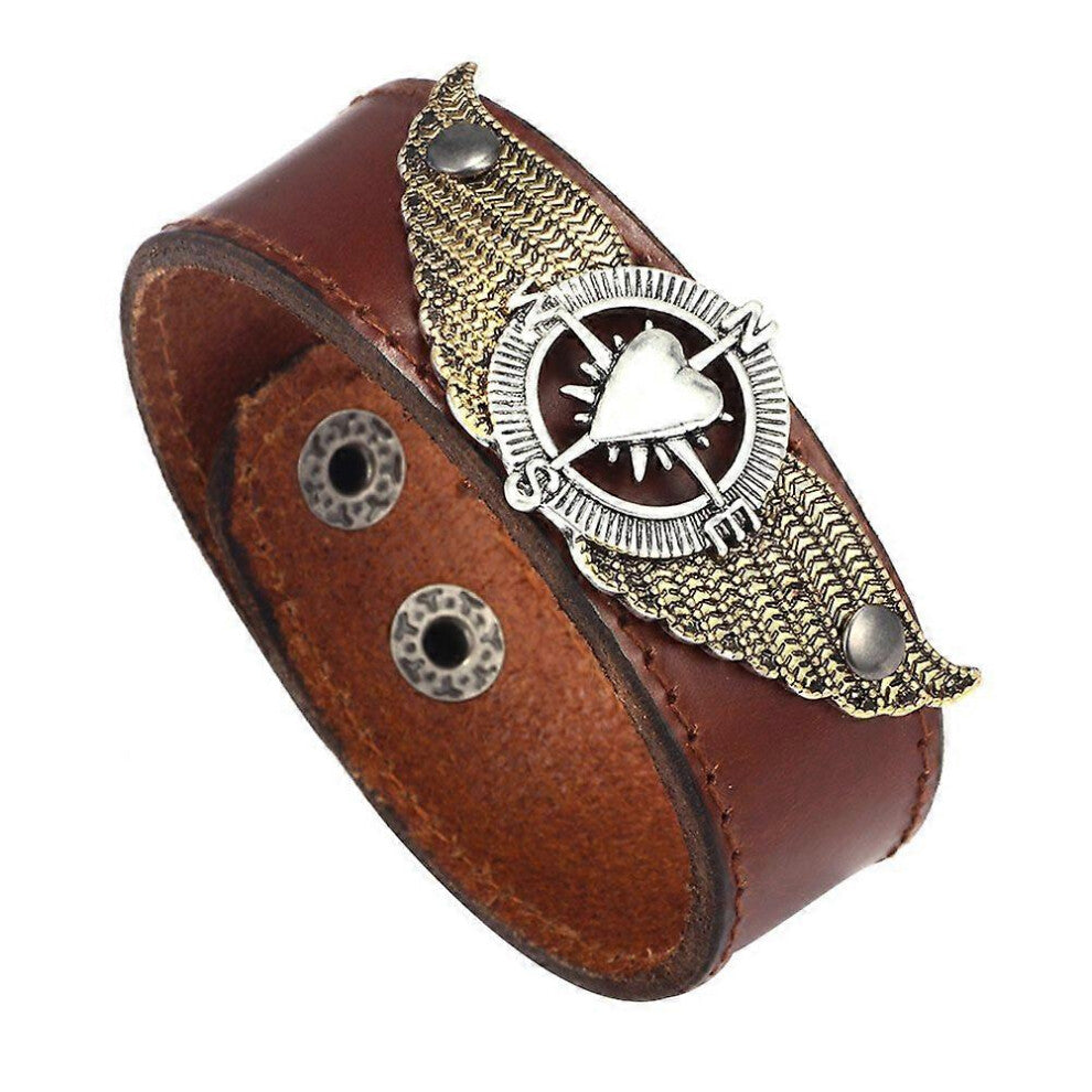 (As show, One size) Fashionable Cowhide Wide Cuff Leather Bracelet Heart Wing Woven Bangle Men Jewelry (Brown)