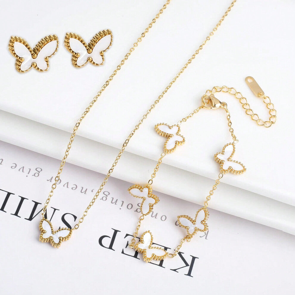 (Jewelry Set 1) High Quality Gold Plated Stainless Steel Butterfly Insect Bracelet Classic for Women Girls Fashion Party Wedding Jewelry Clover
