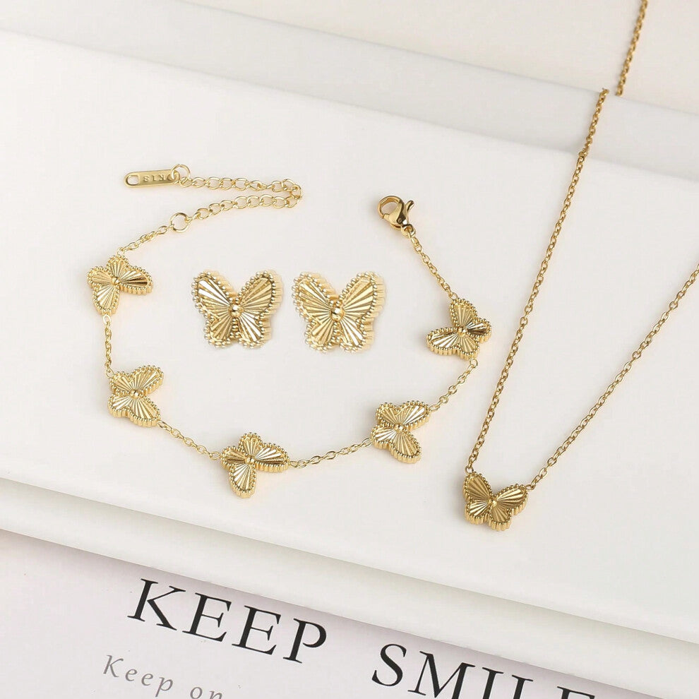 (Jewelry Set 5) High Quality Gold Plated Stainless Steel Butterfly Insect Bracelet Classic for Women Girls Fashion Party Wedding Jewelry Clover